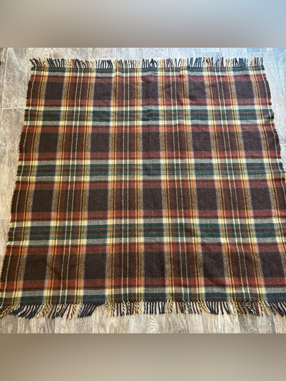 Vintage 100% Wool Plaid Blanket Green Brown Red 53x54” Fringe